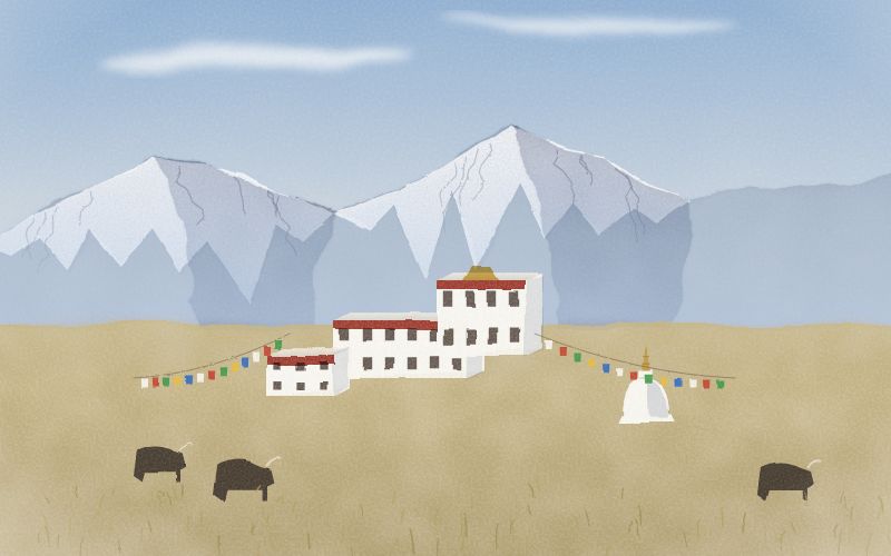 Malovaná pohlednice krajiny, odkud pochází jazyk Tibetština