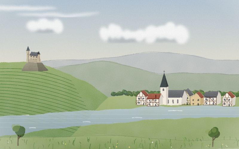 Malovaná pohlednice krajiny, odkud pochází jazyk Němčina