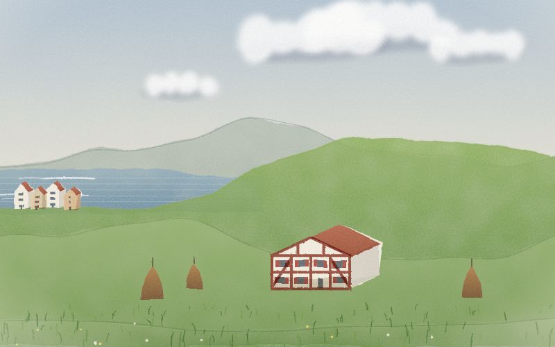 Malovaná pohlednice krajiny, odkud pochází jazyk Baskičtina
