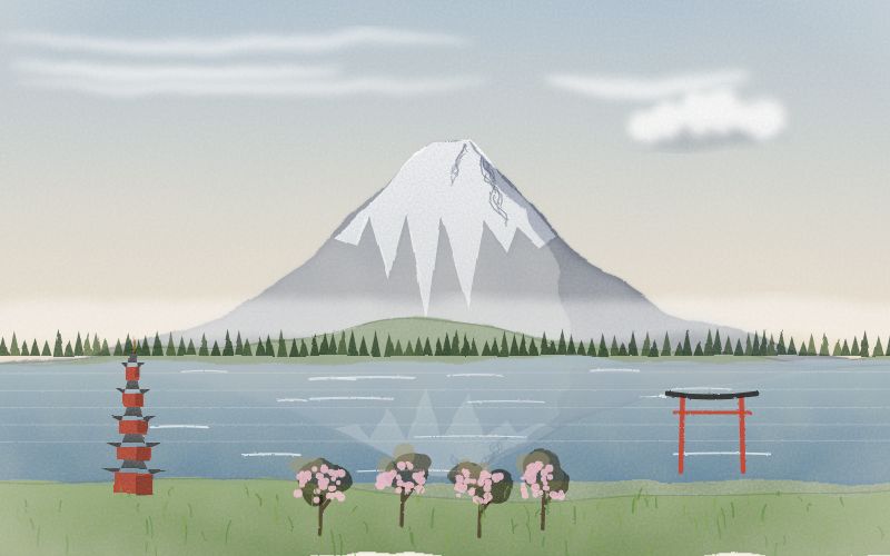 Malovaná pohlednice krajiny, odkud pochází jazyk Japonština