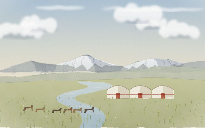 Malovaná pohlednice krajiny, odkud pochází jazyk Mongolština