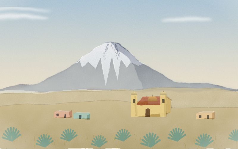 Malovaná pohlednice krajiny, odkud pochází jazyk Nahuatl