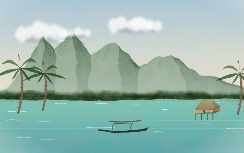Malovaná pohlednice krajiny, odkud pochází jazyk Tahitština