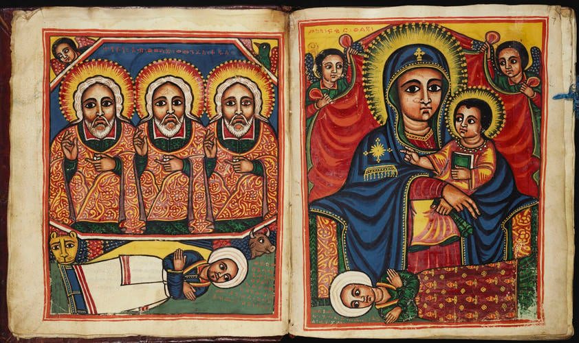 Iluminovaný etiopský rukopis Zázraků Ježíšových v jazyce geʽez; Královská sbírka (Royal Collection), Spojené království. Tento apokryf do etiopského kánonu nepatří, ale patří k oblíbené církevní četbě.