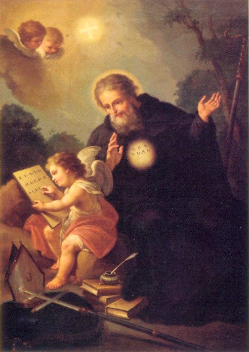 Mesrop Maštoc na obraze benátského malíře Francesca Maggiotta (1750–1805): anděl mu ukazuje písmena napsaná na desce.