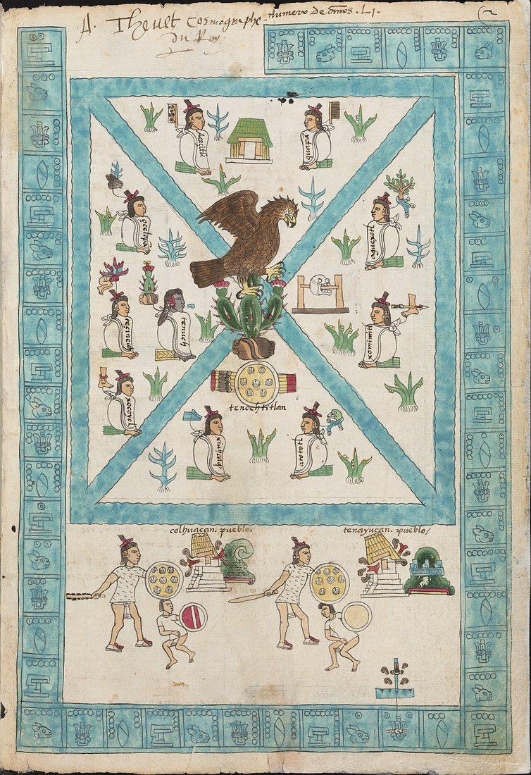 První obrazová strana Kodexu Mendoza (list 2r): založení Tenochtitlánu. Uprostřed orel na nopálu, který roste z kamene, pod ním štít se šípy a přípisek „tenochtitlan“; kolem zakladatelé se jmennými znaky, mezi nimi Tenoch. Okraj tvoří 51 znaků let jeho vlády, dole dobytí Colhuacanu a Tenayucanu, vlevo nahoře podpis André Theveta. Bodleyova knihovna, Oxford.