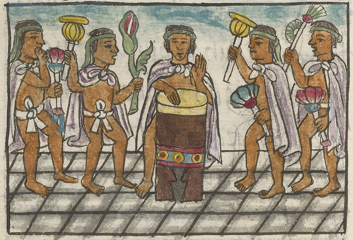Tanečníci s květinami a vějíři v rukou kolem hráče na velký buben huehuetl; ilustrace z IX. knihy Florentského kodexu, asi 1577. Biblioteca Medicea Laurenziana, Florencie.