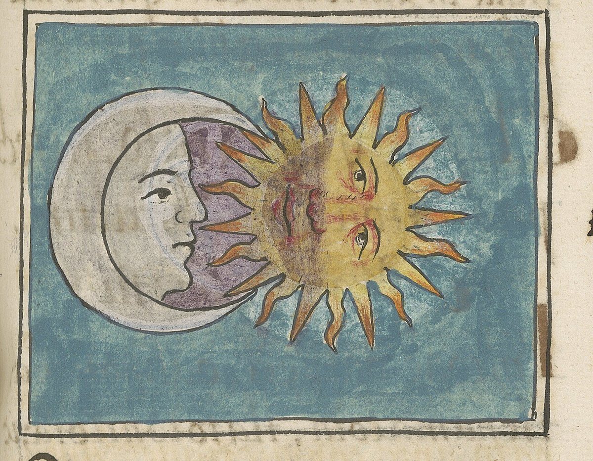 Zatmění na obrázku ze VII. knihy Florentského kodexu, věnované Slunci, Měsíci a hvězdám (asi 1577). Tváře Slunce a Měsíce prozrazují evropský vliv na malíře kodexu.