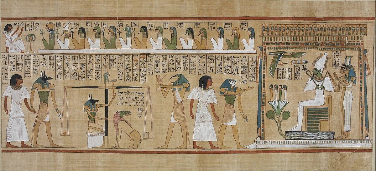 Kniha mrtvých písaře Hunefera (asi 1300 př. n. l.): scéna vážení srdce a sloupce hieroglyfů psaných štětcem na papyrus. Britské muzeum, Londýn.