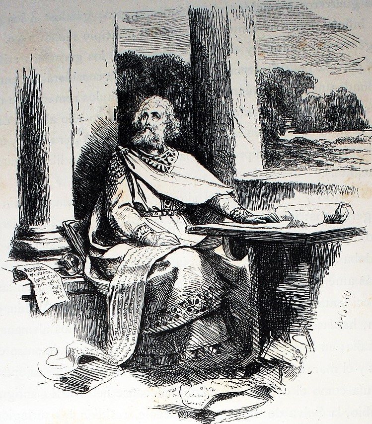 Wulfila překládá bibli: představa ilustrátora Wilhelma Lindenschmita ml. z roku 1879. Jak Wulfila skutečně vypadal, nevíme.