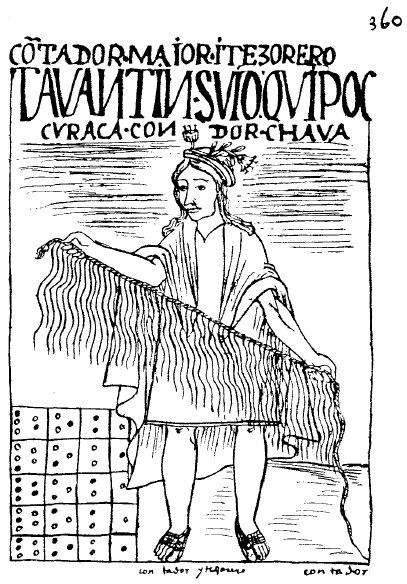 Kresba z kroniky Guamana Pomy (strana 360, podle faksimile z roku 1936): „hlavní počtář a pokladník“ Tawantinsuyu, kuraka kipu (quipoc curaca) Condor Chaua, drží kipu. Vlevo dole počítací deska yupana.