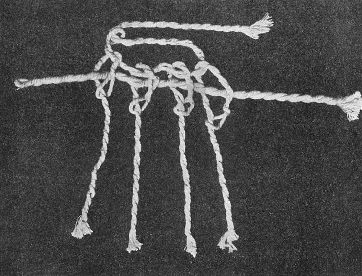 Obrázek z Lockovy knihy (1923): jak jsou visící šňůry připevněny smyčkou k hlavní šňůře.
