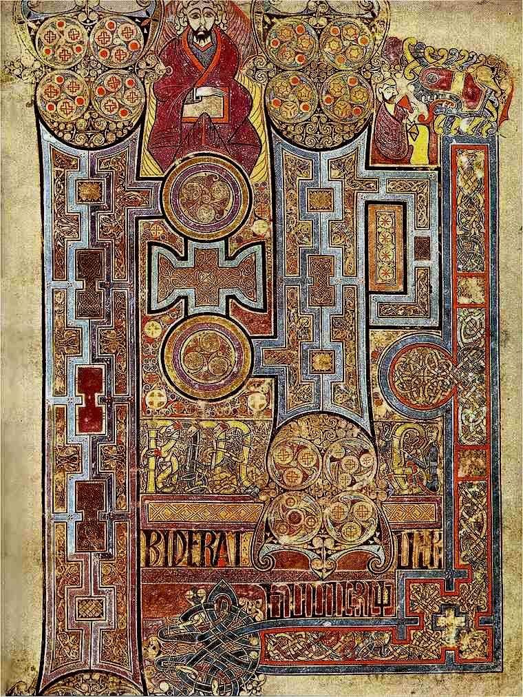 Kniha z Kellsu (kolem roku 800), fol. 292r: začátek Janova evangelia In principio erat verbum. Latinský text v ostrovní (insulární) majuskule se spirálami a proplétanými pásy. Knihovna Trinity College, Dublin.