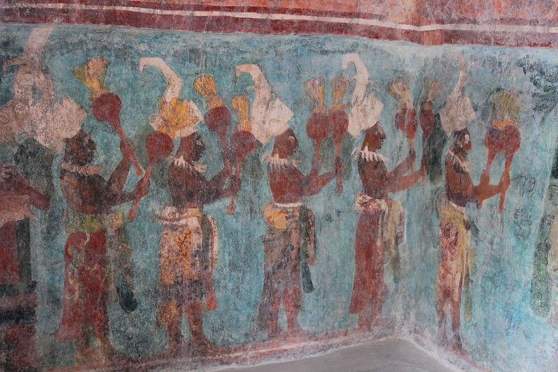 Hudebníci na nástěnných malbách Chrámu maleb v Bonampaku (Chiapas), asi 790.