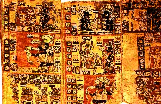 Stránky Madridského kodexu (Tro-Cortesianus), nejdelší dochované mayské knihy. Museo de América, Madrid.