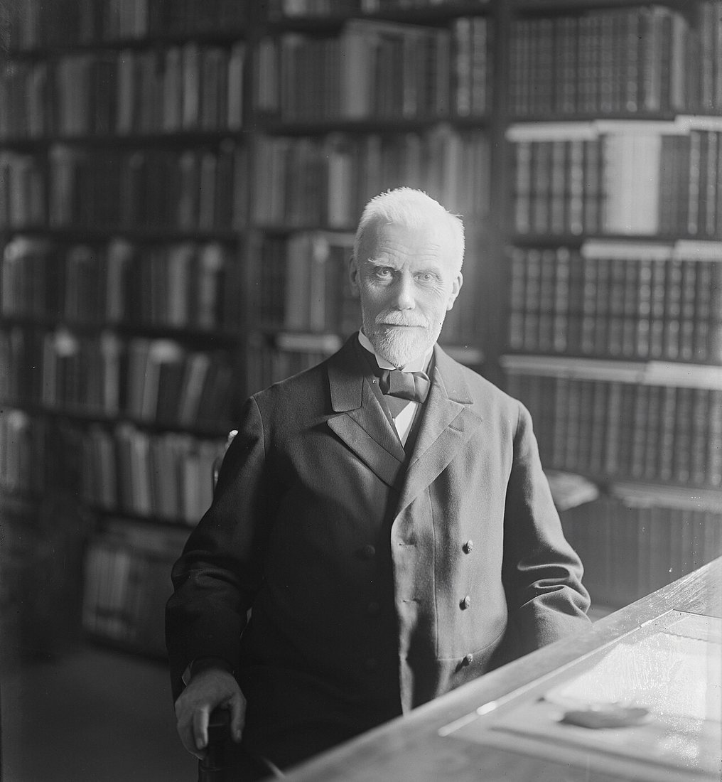 Vilhelm Thomsen (1842–1927), dánský jazykovědec, který roku 1893 rozluštil staroturkické runové písmo. Fotografie Petera Elfelta z roku 1912.