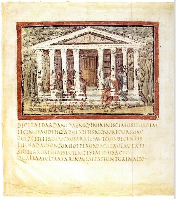 List 60v rukopisu Vergilius Vaticanus (Vatikánská apoštolská knihovna, Vat. lat. 3225), Řím, asi 400: trojští poslové (TROIANI) před králem Latinem (LATINVS) ze 7. knihy Aeneidy. Text pod obrazem je psán rustikální kapitálou.