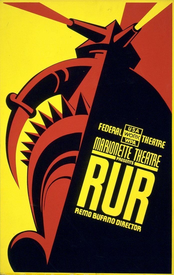 Plakát k loutkovému uvedení R.U.R. v New Yorku v rámci Federal Theatre Project (režie Remo Bufano), sítotisk, 1939.