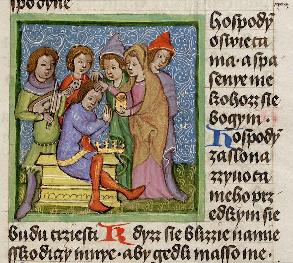 Pomazání Davida za krále na miniatuře na začátku 27. žalmu (ve Vulgátě 26.) v prvním dílu Olomoucké bible z roku 1417. Český text je psaný spřežkovým pravopisem: przed kym „před kým“, kdyzz „když“, gedli „jedli“.