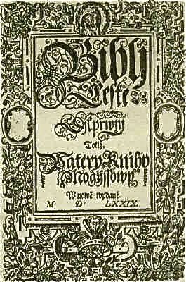 Titulní list prvního dílu Bible kralické s pěti knihami Mojžíšovými, vydaného roku 1579 (letopočet M.D.LXXIX).